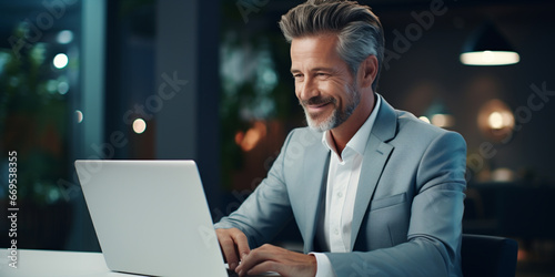 Smiling mature adult business man executive sitting at desk using laptop. Happy busy professional mid aged businessman ceo manager working on computer