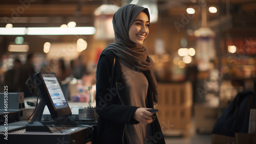 Attractive middle eastern young muslim woman wearing a hijab shopping at a supermarket photo