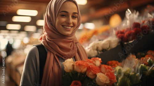 Attractive middle eastern young muslim woman wearing a hijab shopping at a supermarket photo
