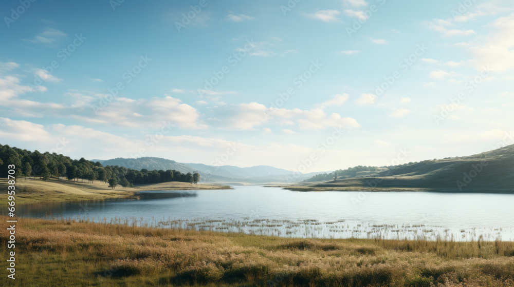 A tranquil lake surrounded by rolling hills