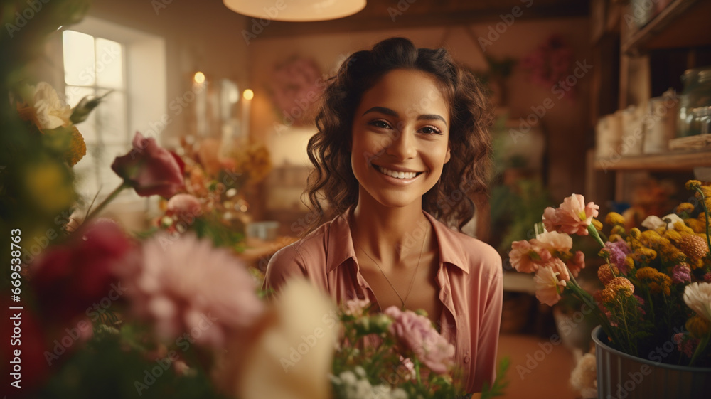 Smiling attractive hispanic female small business owner in her florist flower shop.