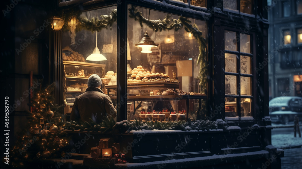 Man buying sweet goods in the winter bakery, snowy street, shop windows background, Generative AI