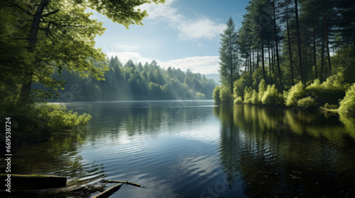 A tranquil lake shimmers in the morning light, surrounded by a dense forest The reflections of the trees dance across the water, creating a serene and peaceful atmosphere