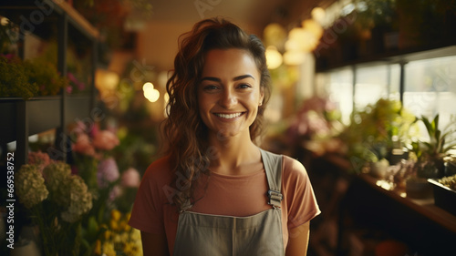 Smiling attractive hispanic female small business owner in her florist flower shop. © Artofinnovation