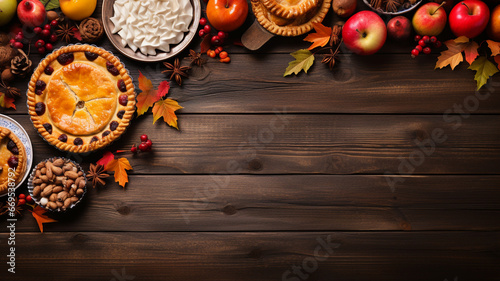 Autumn food bottom border. Table scene with a selection of pies, waffles, appetizers and desserts. Top view over a rustic wood background banner with copy space