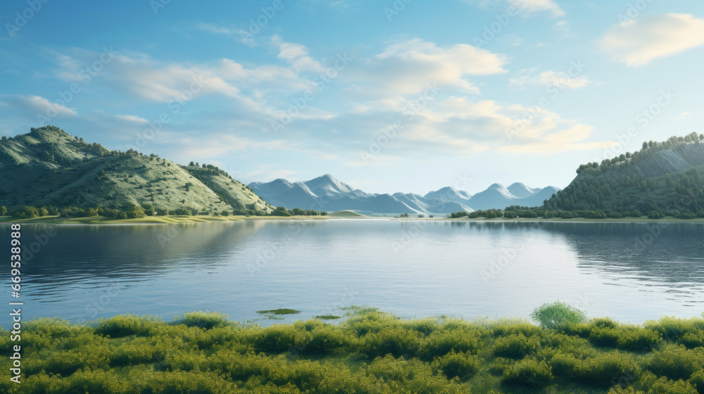 Obraz premium A tranquil lake shimmers in the morning light, surrounded by a dense forest The reflections of the trees dance across the water, creating a serene and peaceful atmosphere