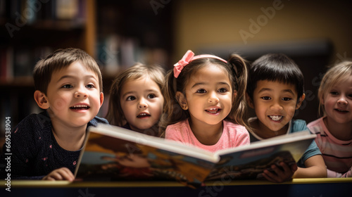 Group of little preschoolers reading a book sitting at the classroom