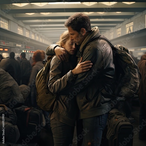  two travelers people arms outstretched, luggage forgotten as they rush into each other's embrace © cff999