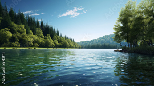 A tranquil lake surrounded by rolling hills photo