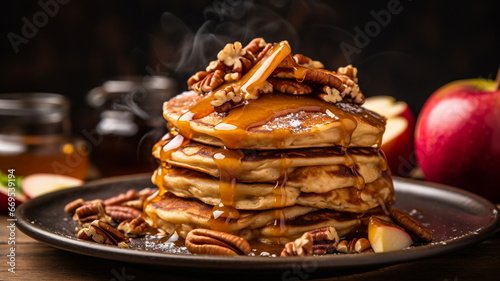 Delicious autumn pancake stack with baked apples, pecans and cinnamon topped with maple syrup