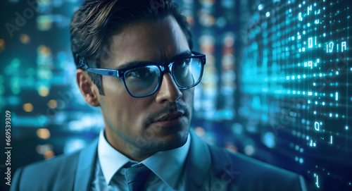 Handsome middle-aged man wearing eyeglasses and thinking in smart business office, blue screen lights reflecting in his eyeglasses, business management, executive menager  photo