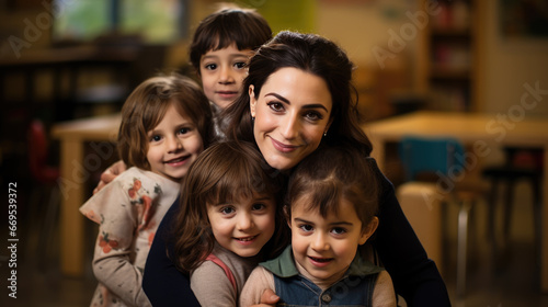 A teacher in a kindergarten or elementary school surrounded by her students.