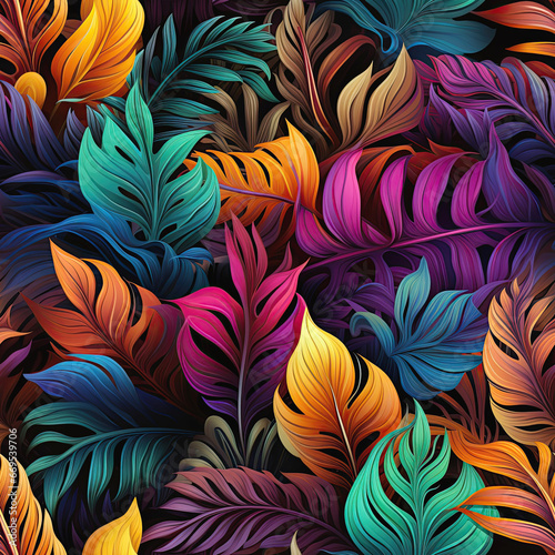 Seamless tropical texture pattern with multicolored palm and monstera leaves on a bright colored background. Rainbow Hawaiian ornament