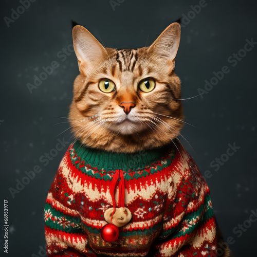 Cat Wearing Ugly Christmas Sweater.  Generated Image.  A digital rendering of a cat wearing an ugly Christmas sweater. © lutjo1953