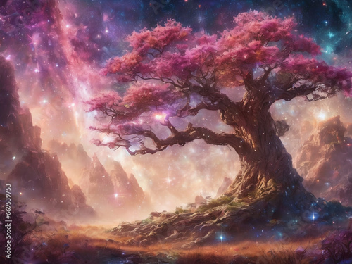 a mysterious tree in a magical world fantasy tree