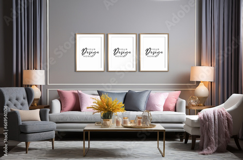 modern living room surrounded by gray walls, in the style of indoor still life, pastel colors, classic living style, 3 wall art mockup photo