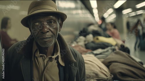 Fictitious old African man blinded in one eye working as a street vendor selling clothes in a European metro station AI generative photo