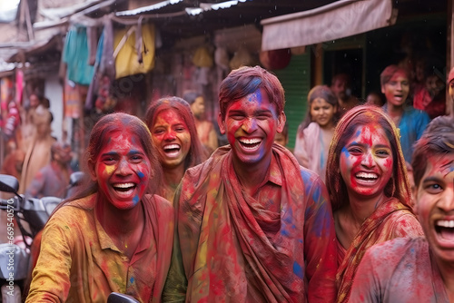 Smiling people, colored happy faces with vibrant colors during the celebration of the Holi festival in India. Neural network generated image. Not based on any actual person or scene.