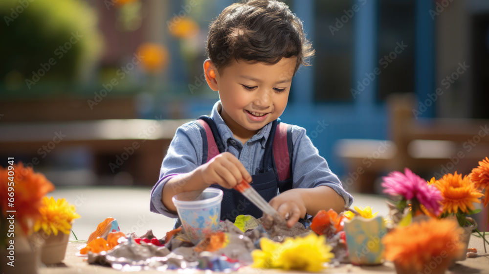 Young preschooler makes a paper and paint craft for classroom lessons Young preschooler makes a paper and paint craft for classroom lessons