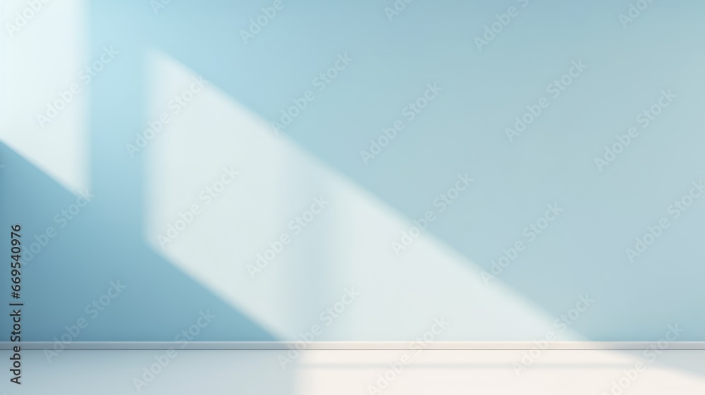 Minimalist Background for product presentation, sky blue wall and wooden floor, sunrays and shadows from the window Minimalist Background for product presentation, sky blue wall and wooden floor, sunrays and shadows from the window