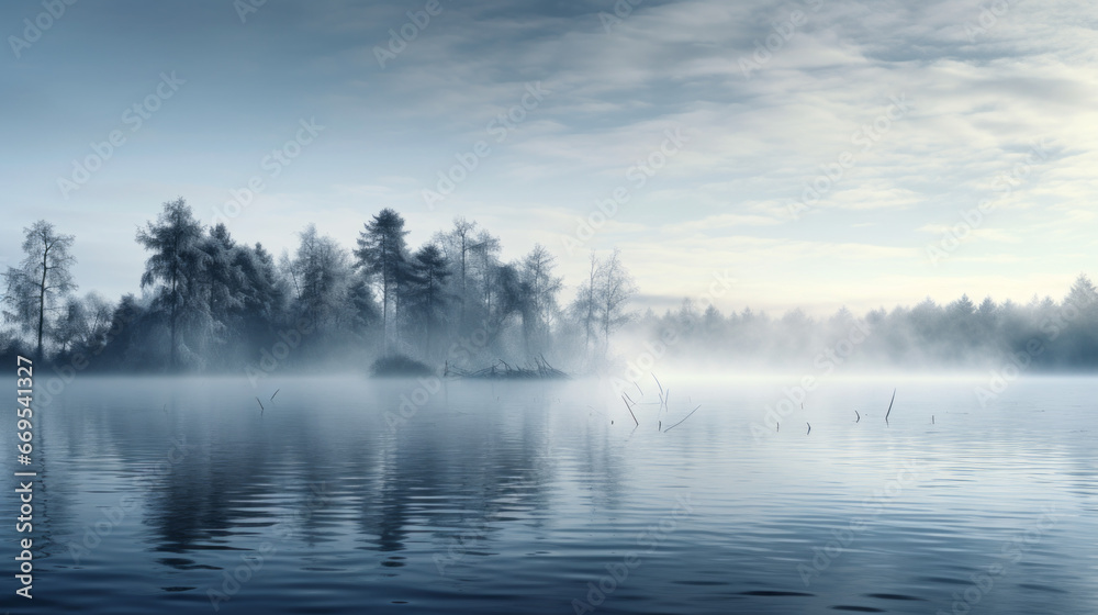 A thick fog rolling in over a still lake in the early morning