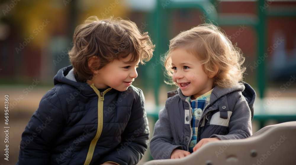 Two children laughing happily sitting at a table outside during recess at school Two children laughing happily sitting at a table outside during recess at school