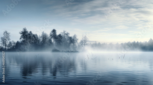 A thick fog rolling in over a still lake in the early morning