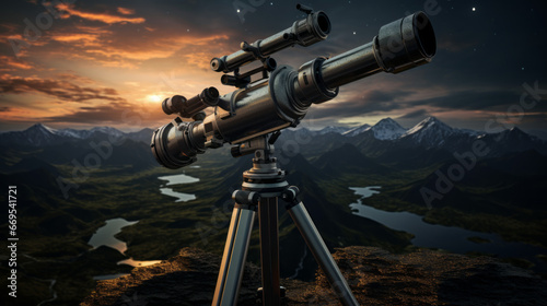 A telescope set up on a hilltop, with its lens pointed towards the stars