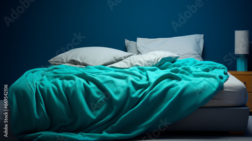 A teal bed, with a white headboard and a blue blanket photo