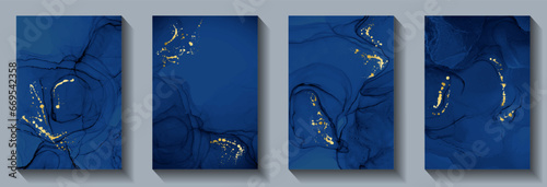 Premium blue gold Christmas greeting card backgrounds collection vector design. Can be used for weddign invitation, birthday cars. Blue waves fuid backgrounds, gold drop splats. Chich Christmas prints