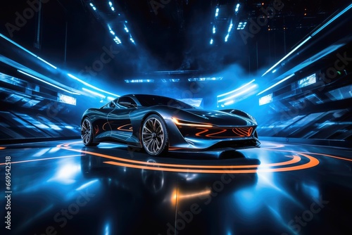 A futuristic sports car with a laser light show on a stage.