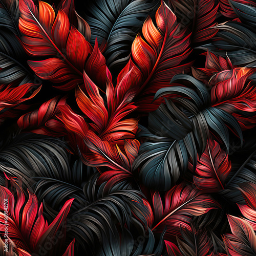 Seamless tropical texture pattern with red palm leaves on a black background. Hawaiian ornament