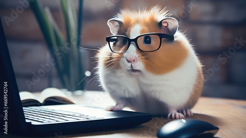 Adorable Guinea Pig with Stylish Glasses Using Laptop for Online Business and Communication photo