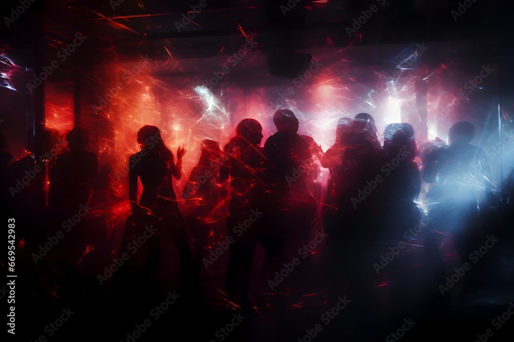 Obraz premium Crowd of dancing people in the night club on the dance floor surrounded with lights and smoke. Neural network generated photorealistic image. Not based on any actual person or scene.