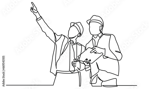 continuous line drawing of civil engineer building Construction. civil engineer giving instruction to builders on Building architecture business concepts.
