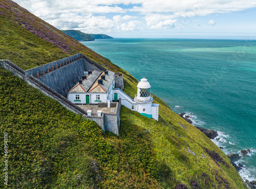 The Lighthouse Keepers Cottage from a drone, Foreland Point, Lynton, Devon, England, Europe photo