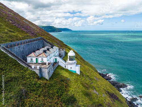 The Lighthouse Keepers Cottage from a drone, Foreland Point, Lynton, Devon, England, Europe photo