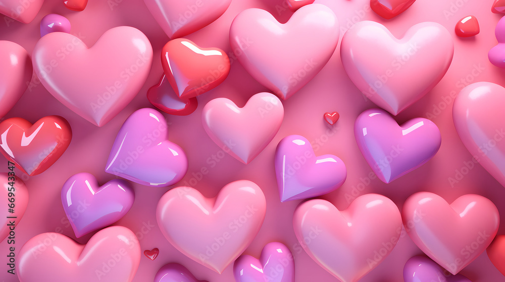 Light pink, lilac and red hearts on a light pink background. Valentine's day concept. Romantic pattern.