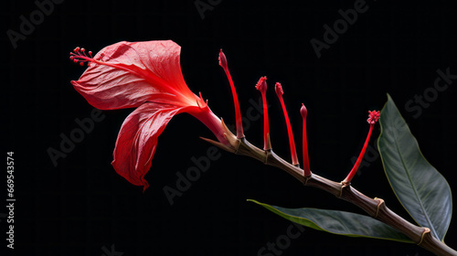 A tall, thin-leafed tropical plant with a single red blossom photo