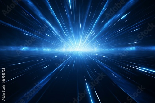 Dynamic burst of blue laser light with light rays and speedy light lines on a dark background. Zoomed in to 4k resolution. Generative AI