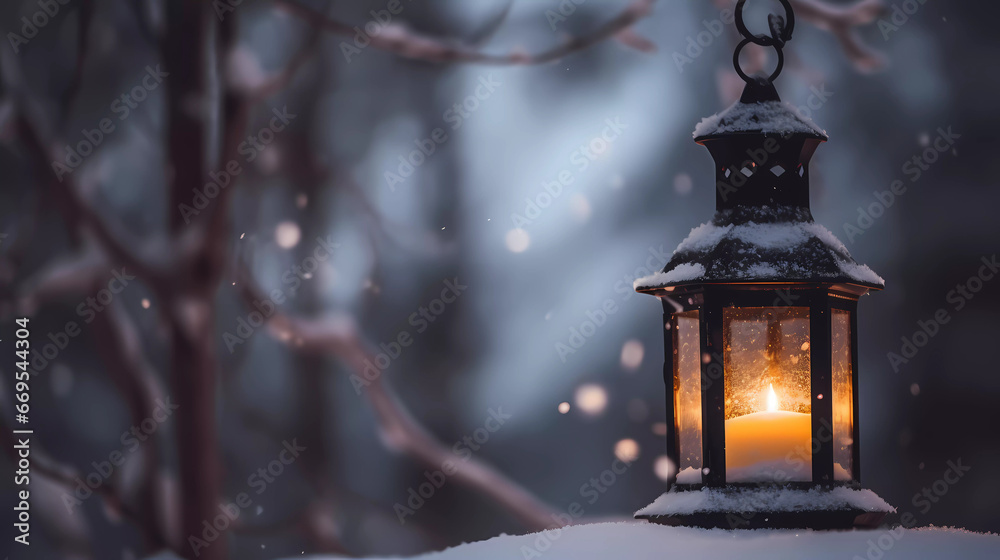 Christmas light lantern with blurred bokeh snow drop background.AI generative. Christmas light lantern with blurred bokeh snow drop background.AI generative.