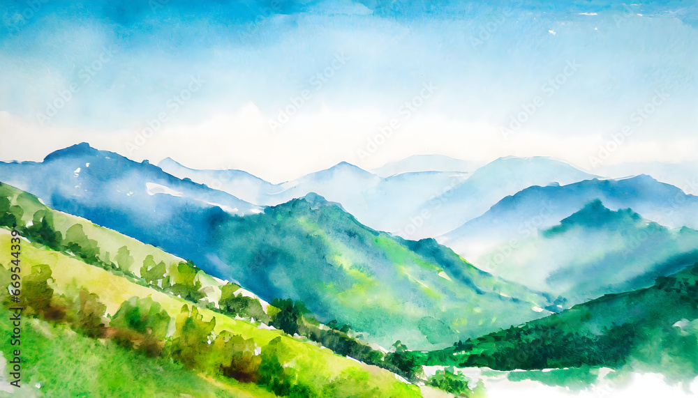 Fototapeta premium Mountain range landscape on watercolor painting on digital art concept, Generative AI.
