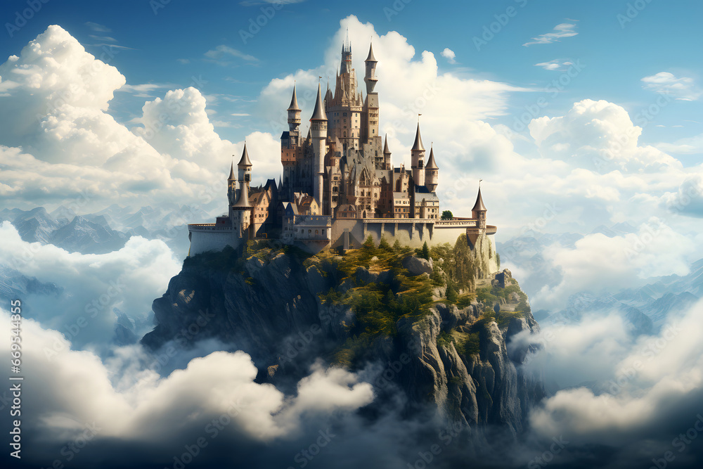 Unreal fantasy castle on island floating in the sky. Neural network generated image. Not based on any actual person or scene.