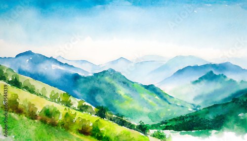 Mountain range landscape on watercolor painting on digital art concept, Generative AI.