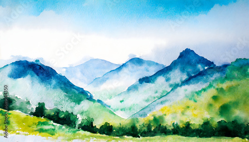 Mountain range landscape on watercolor painting on digital art concept, Generative AI. © Watercolor_Concept