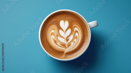 Cup of coffee latte art on blue background, top view. Coffee concept with a copy space.