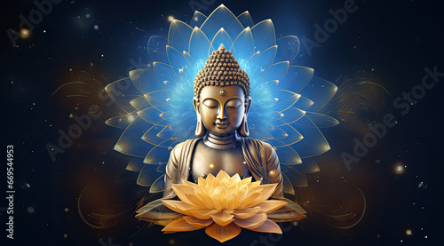 glowing golden buddha sitting on a big lotus, decorated with flowers