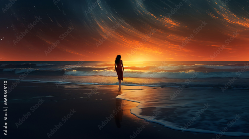 Silhouette of lonely woman walking by seashore at sunset evokes sense of romantic serenity and solitude, sense of sentimental melancholy and beauty of solitude, post breakup life