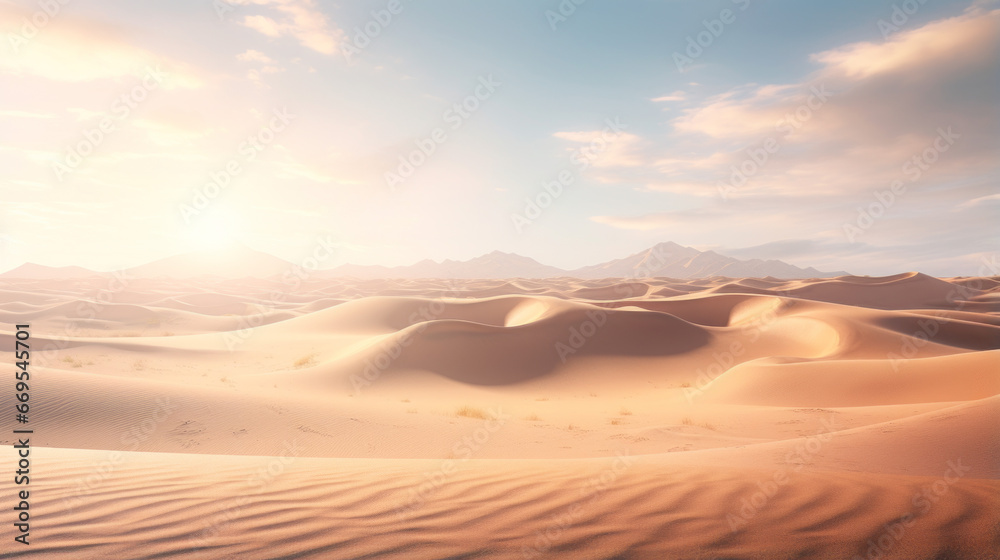 A sun-drenched desert, with sand dunes stretching to the horizon