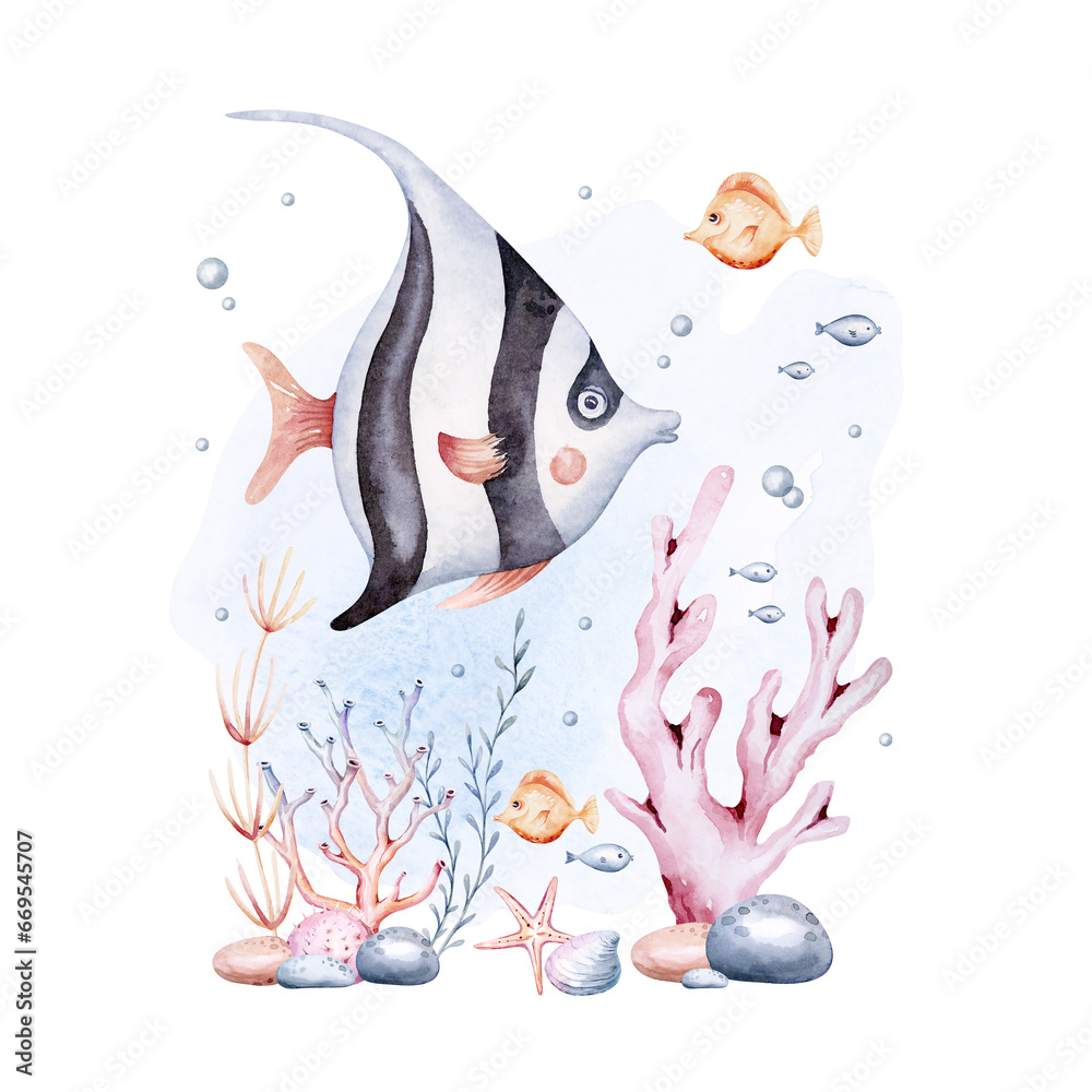 Fototapeta premium sea animals composition. Blue watercolor ocean fish, turtle, whale and coral. Shell aquarium mermaid submarine. Nautical dolphin marine illustration, jellyfish, starfish
